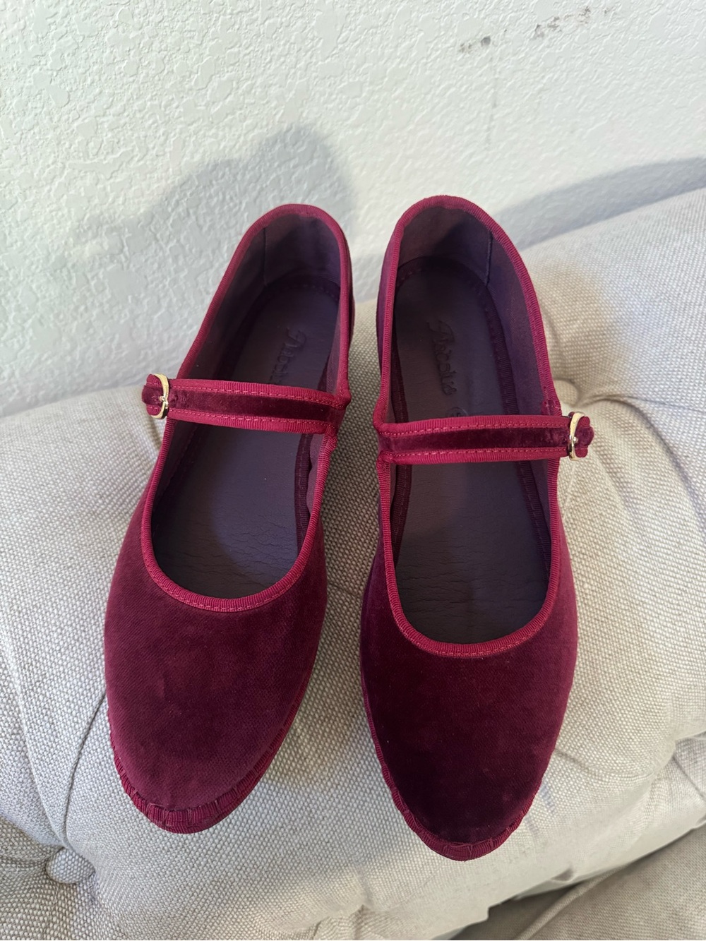 Burgundy Velvet Mary Jane Flats with Buckle Strap - Picture 3 of 6